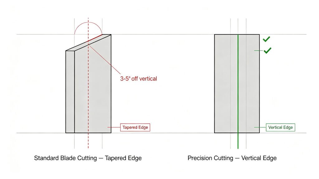 Cross-section diagram comparing tapered rubber gasket edge from standard blade cutting versus vertical edge from precision cutting